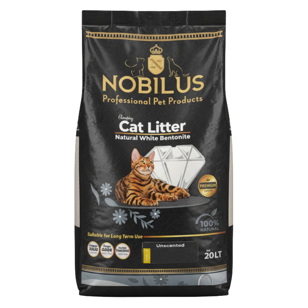 Nobilus cat litter packaging with a cat on a white background