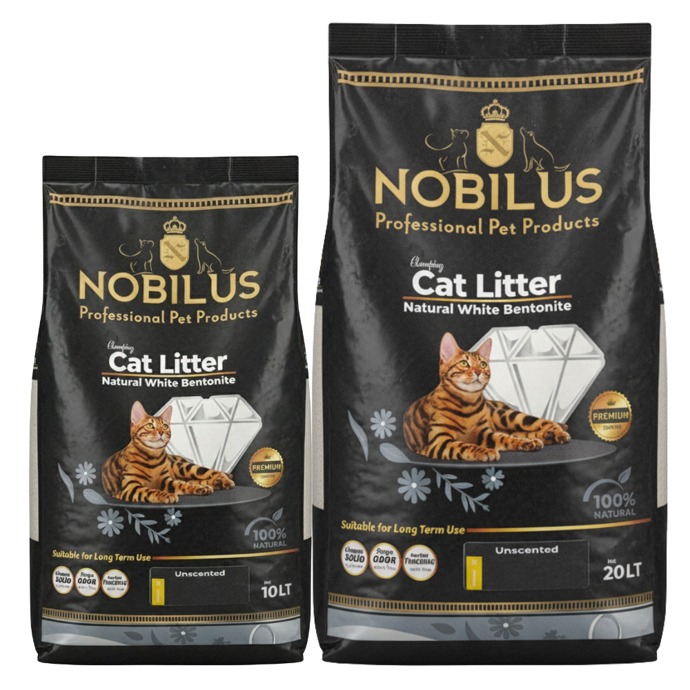 Two packages of Nobilus cat litter on a white background