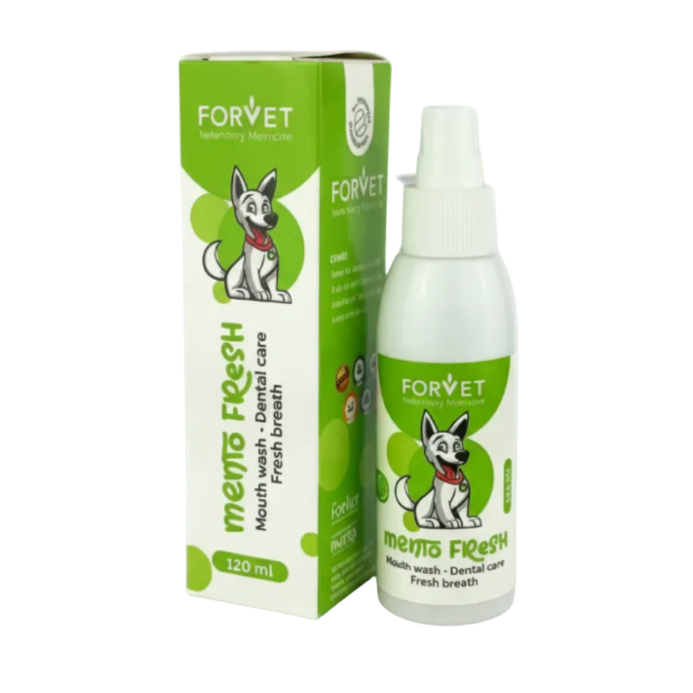 Forvet Mevo Fresh mouthwash and dental care packaging on a white background