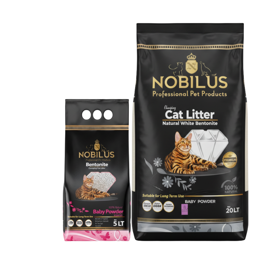Two packages of Nobilus cat litter on a white background