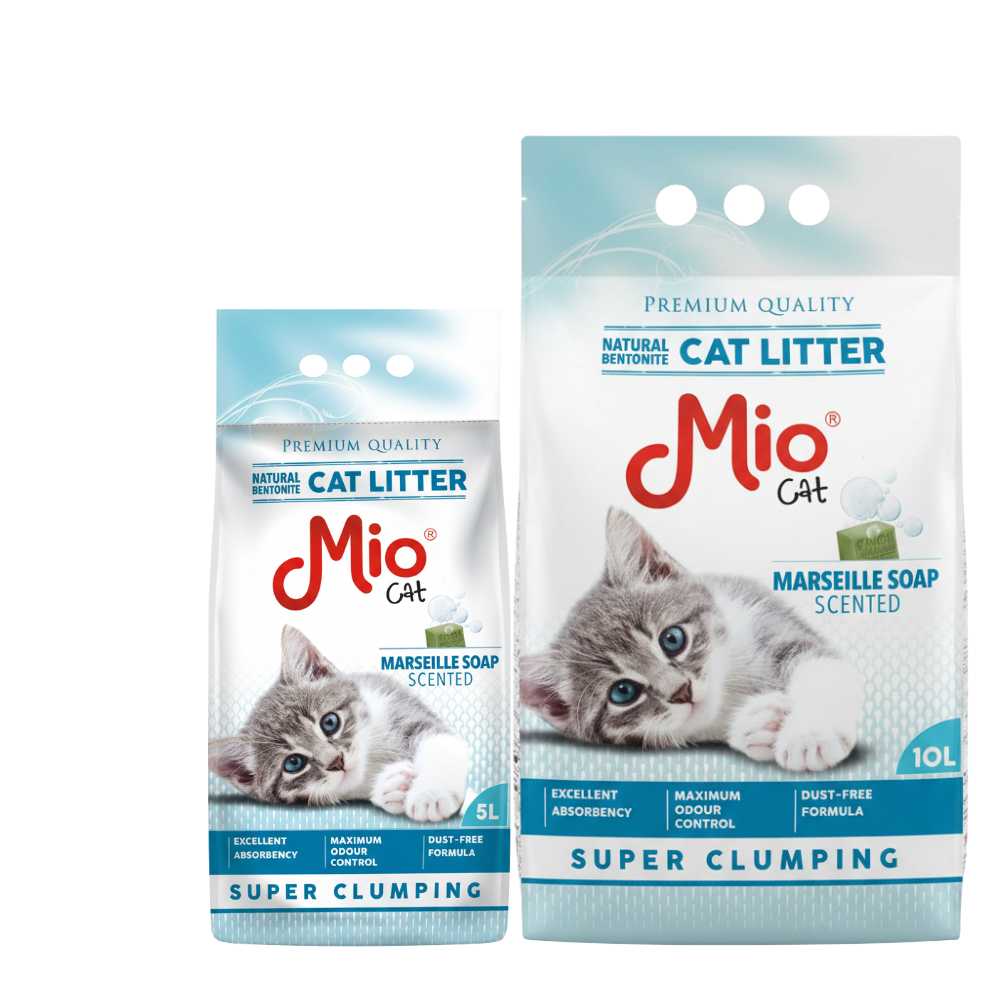 Two packages of Mio cat litter with a kitten on a white background