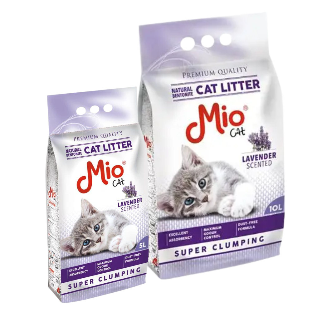 Two packages of Mio Cat lavender scented cat litter on a white background