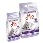 Two packages of Mio Cat lavender scented cat litter on a white background