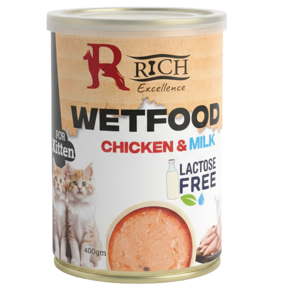 Can of Rich Excellence Wetfood for Kitten with Chicken & Milk on a white background