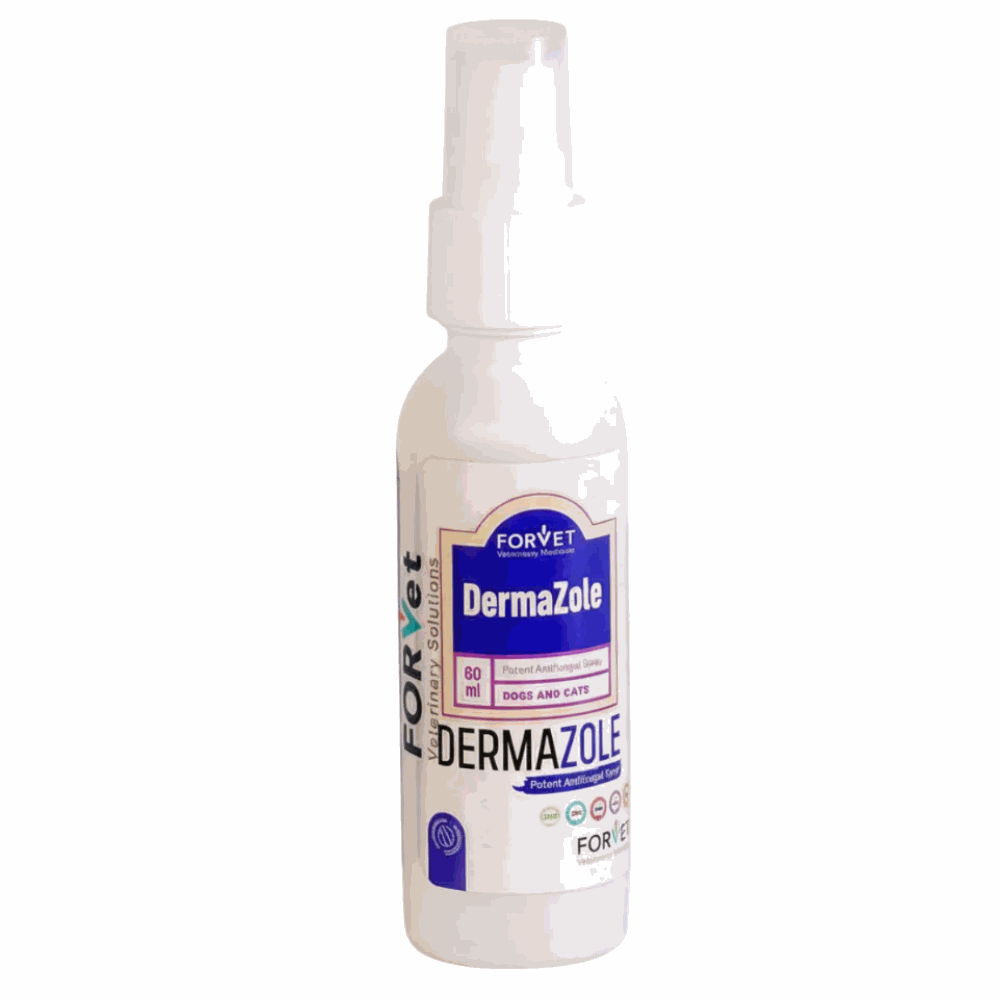 Bottle of DermaZole spray for pets on a white background