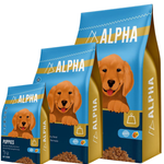 Alpha dog food packages with puppies on a white background