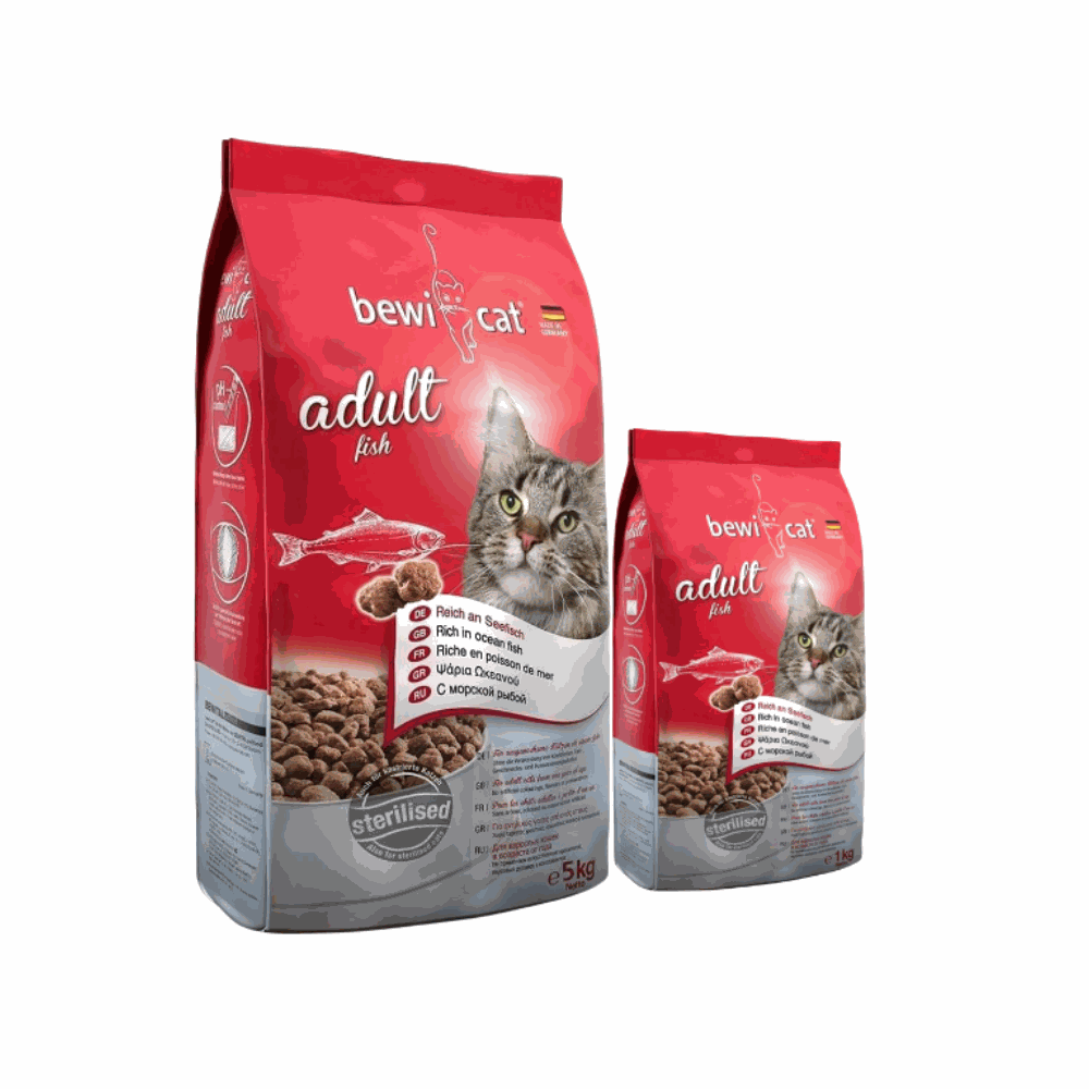 Two bags of Bewi cat adult fish cat food on a white background