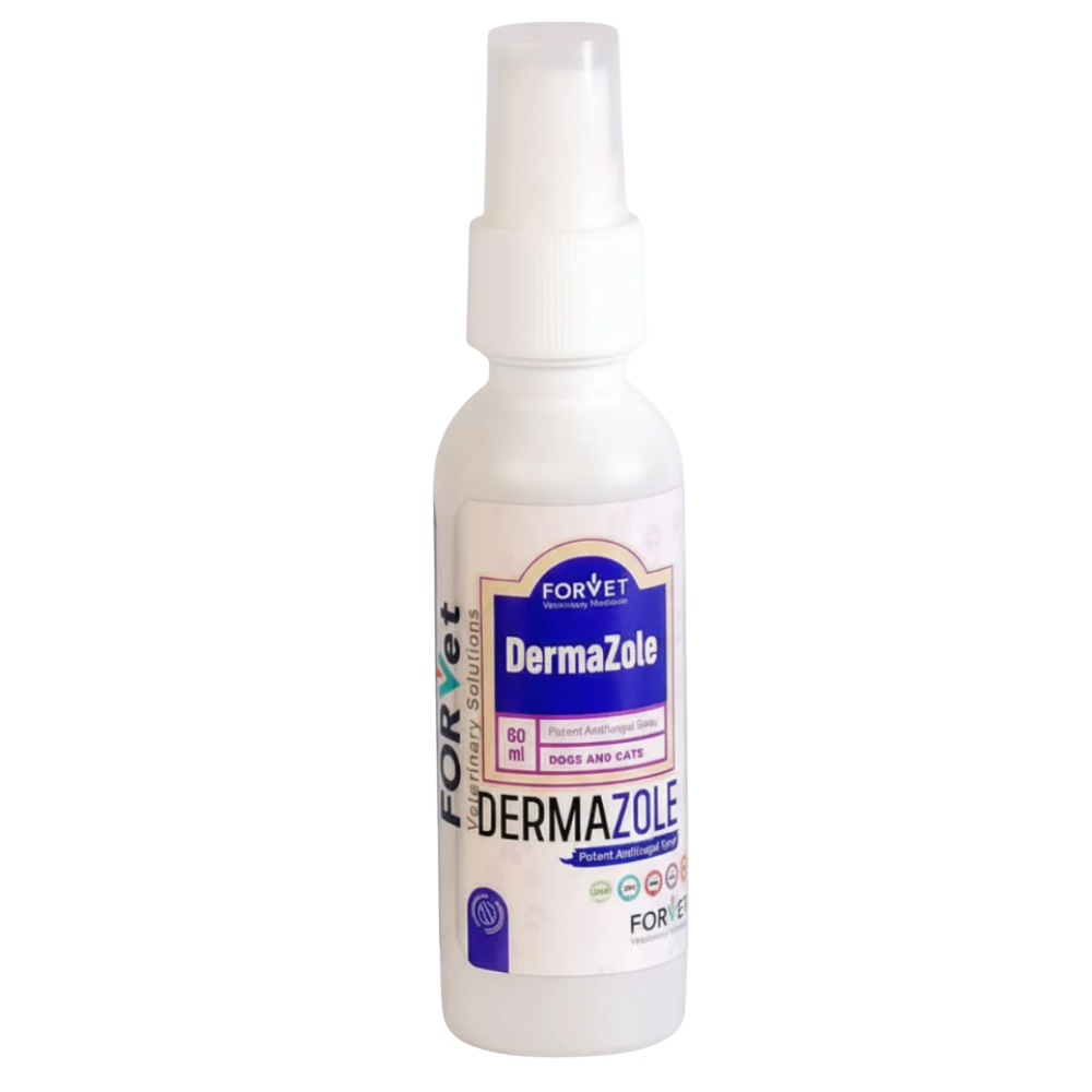 Bottle of DermaZole spray for pets on a white background