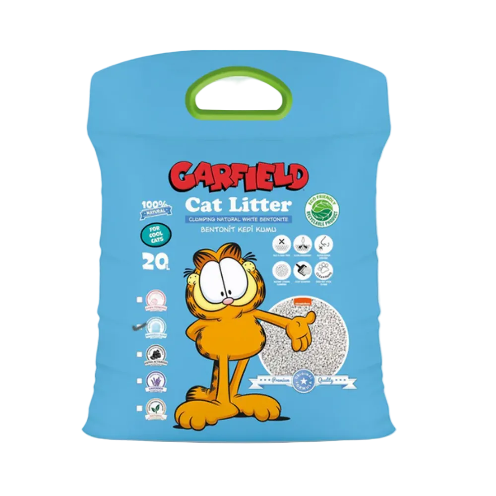 Garfield cat litter packaging with cartoon character on a blue background