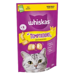 Whiskas Temptations cat treat package with a purple background and cat face on a white background