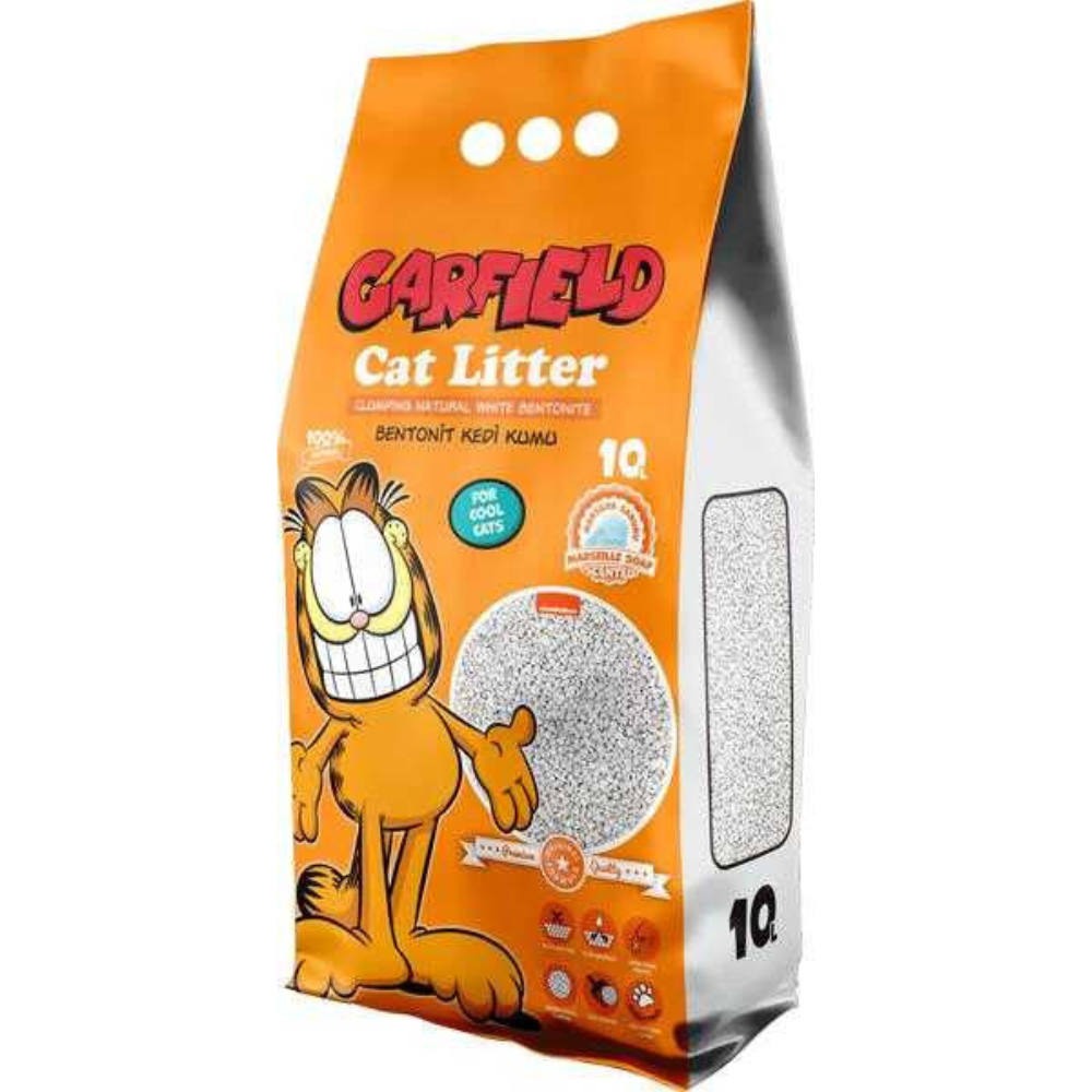 Garfield cat litter packaging with Garfield the cat illustration on an orange background