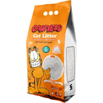 Garfield cat litter packaging with cartoon character on an orange background