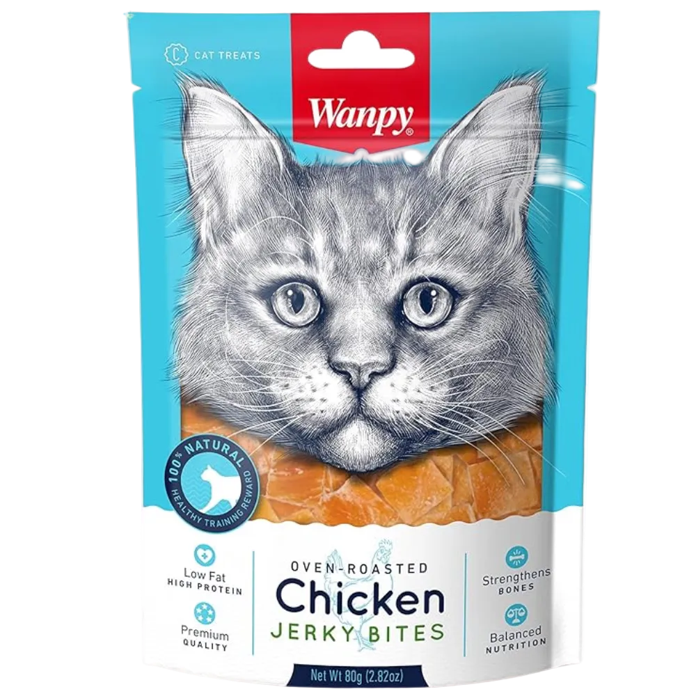 Wanpy Oven-Roasted Chicken Jerky Bites cat treat package with a cat illustration on a white background
