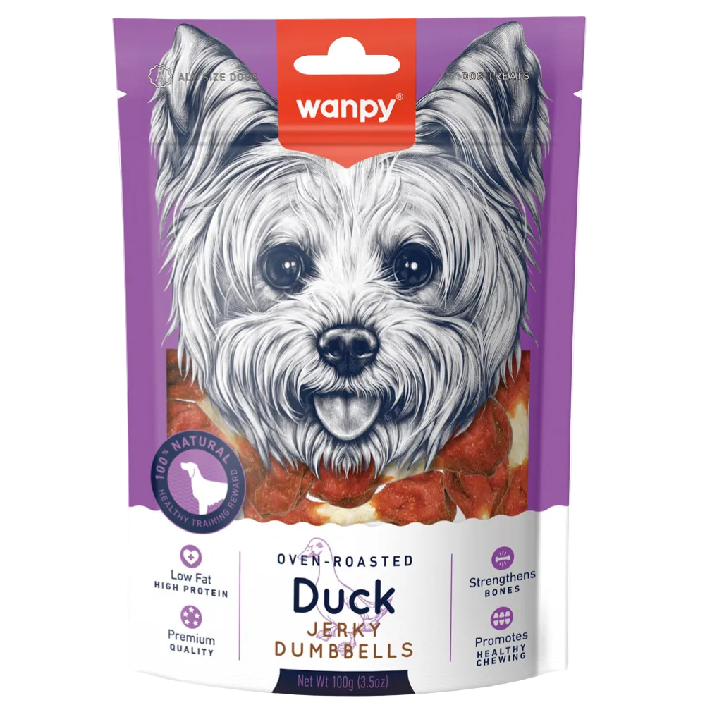 Wanpy oven-roasted duck jerky dambbells packaging with a dog illustration on a white background