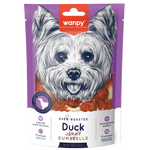 Wanpy oven-roasted duck jerky dambbells packaging with a dog illustration on a white background
