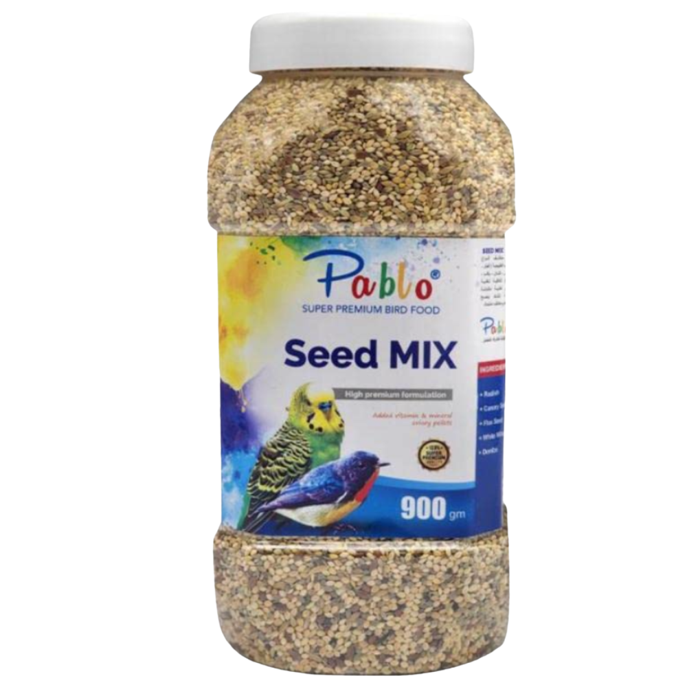 Jar of Pablo Seed Mix bird food on a white background