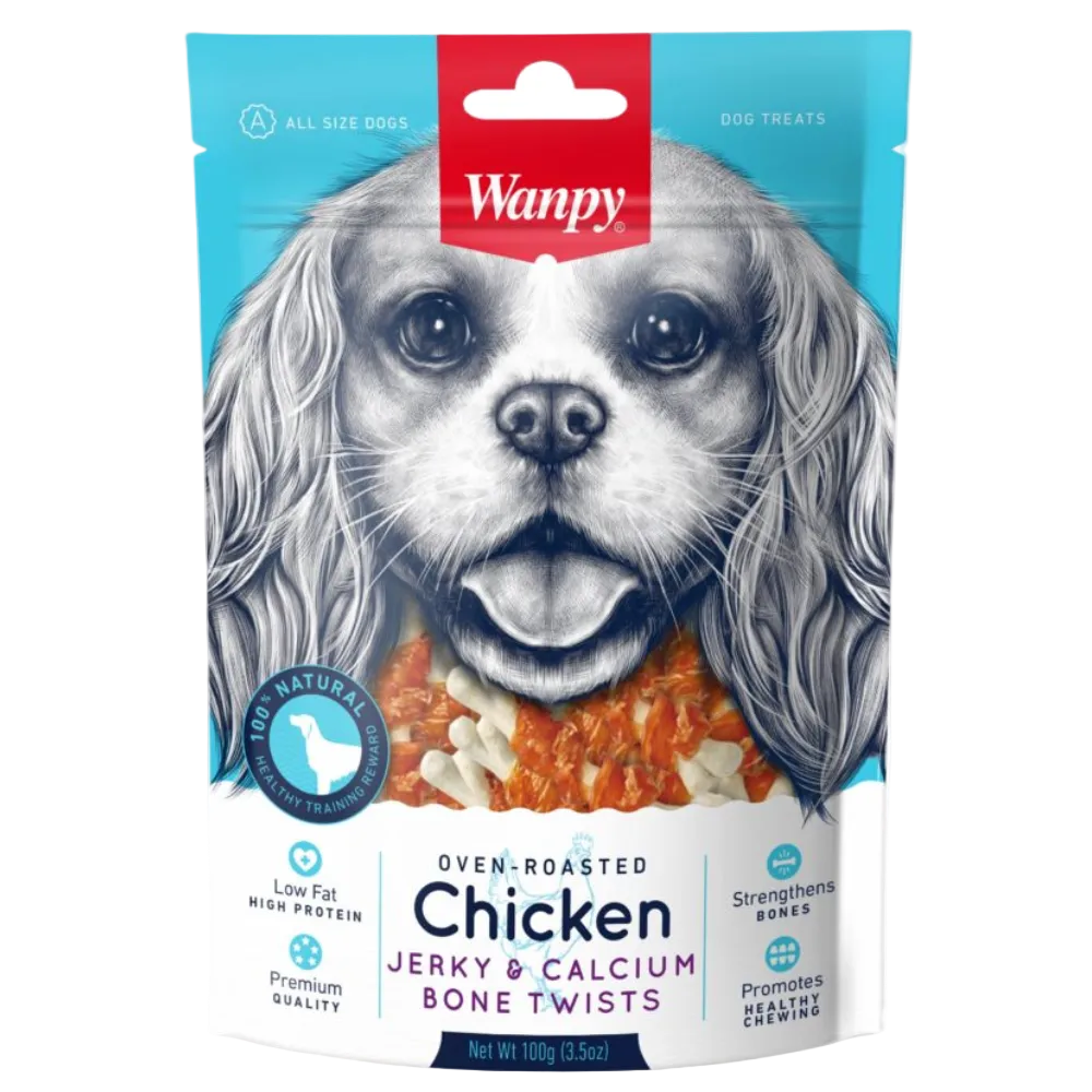 Wanpy dog treat package with a dog eating chicken jerky on a white background