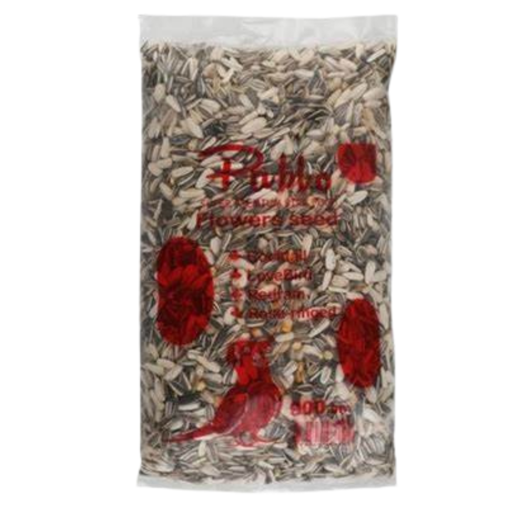 Bag of bird seed with red cardinal illustrations on a white background