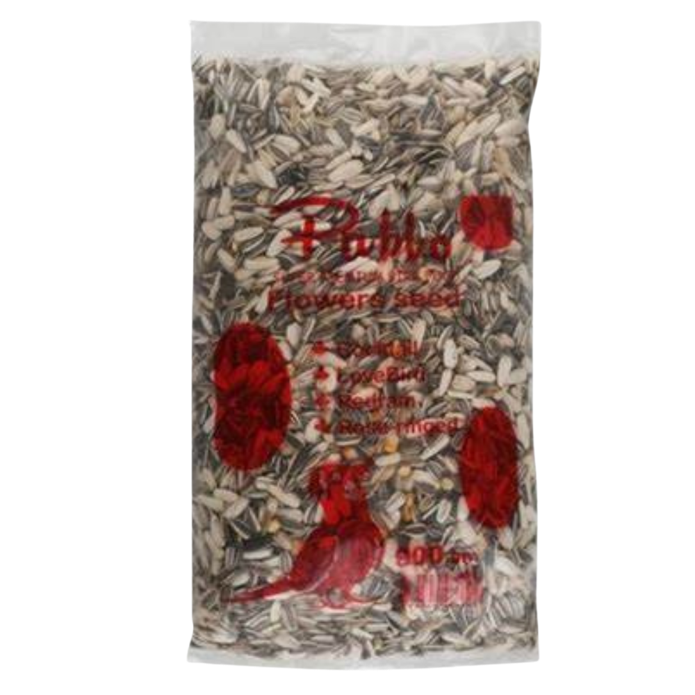 Bag of bird seed with red cardinal illustrations on a white background