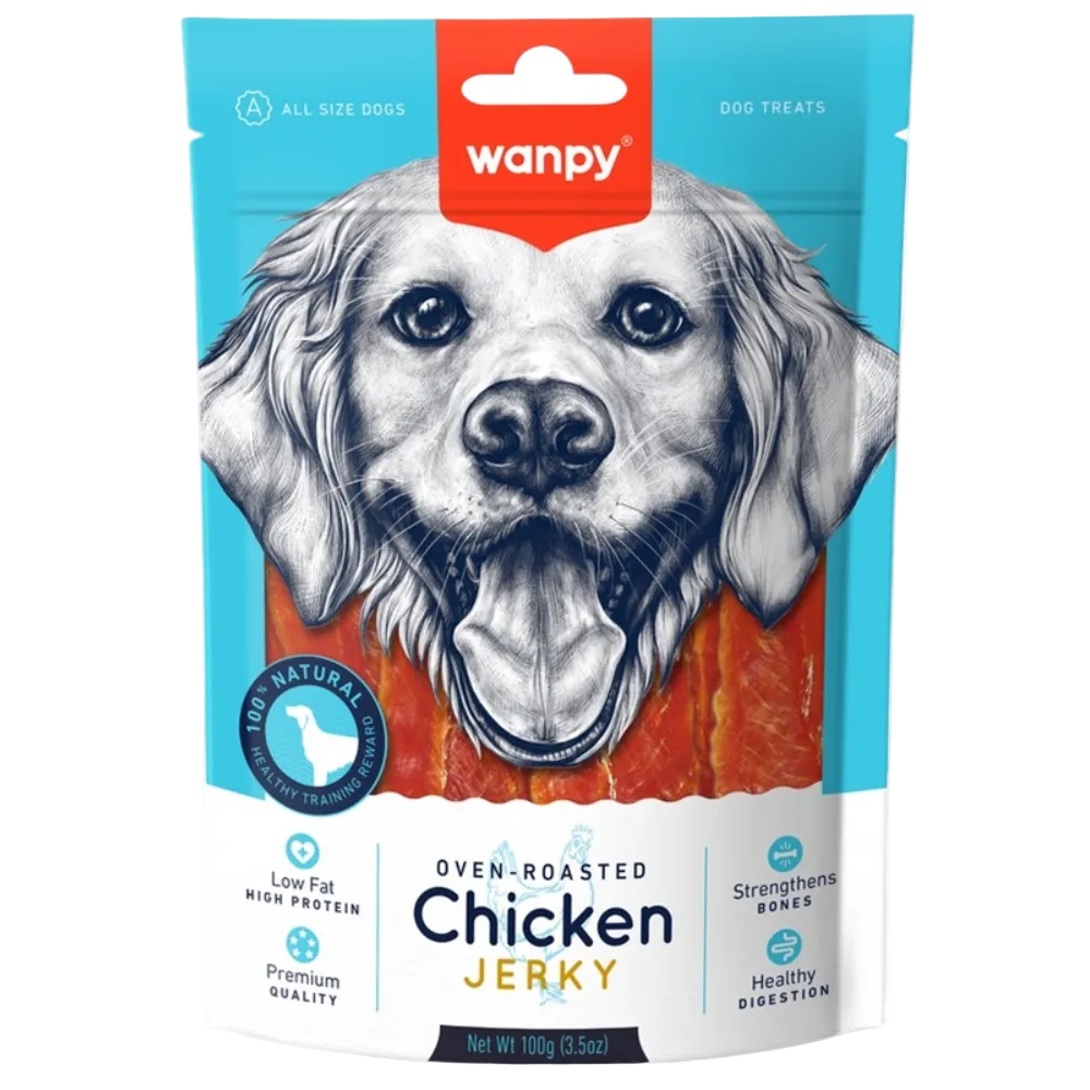 Wanpy Oven-Roasted Chicken Jerky dog treat package with a dog's face on the packaging.