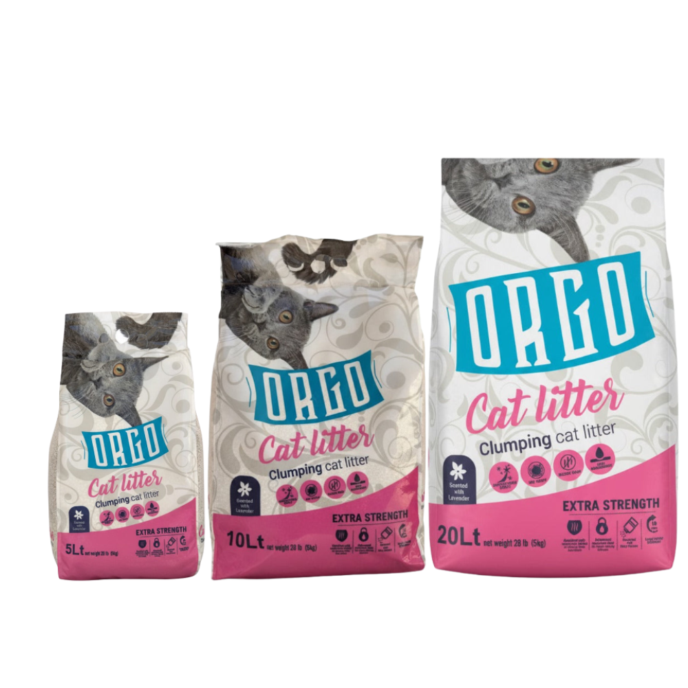 Three bags of Orio cat litter on a white background