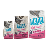 Three bags of Orio cat litter on a white background