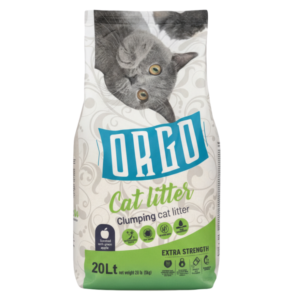 Bag of Orego cat litter with a cat on the packaging on a white background