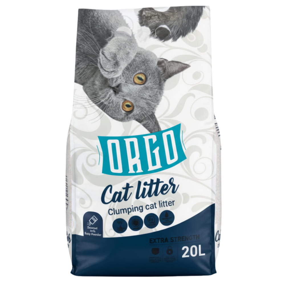 Bag of D.R. Co cat litter with a cat illustration on a white background