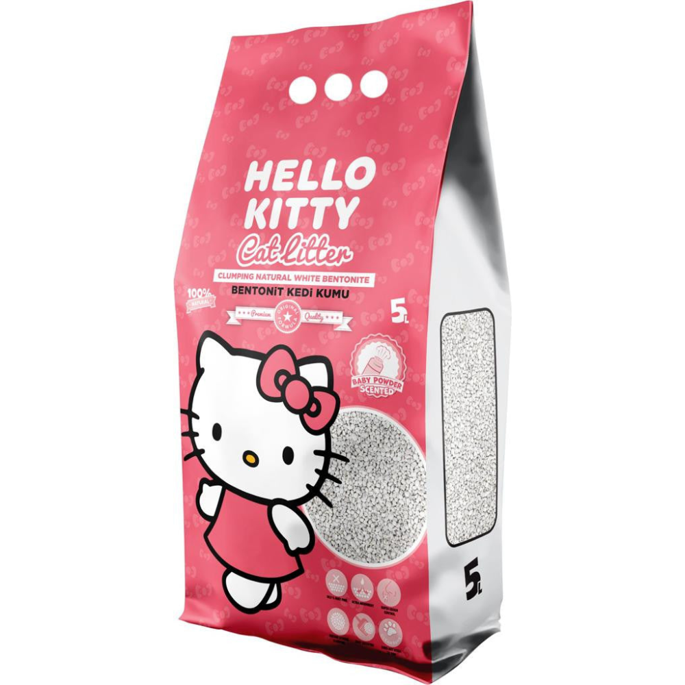 Hello Kitty branded cat litter package on a white background