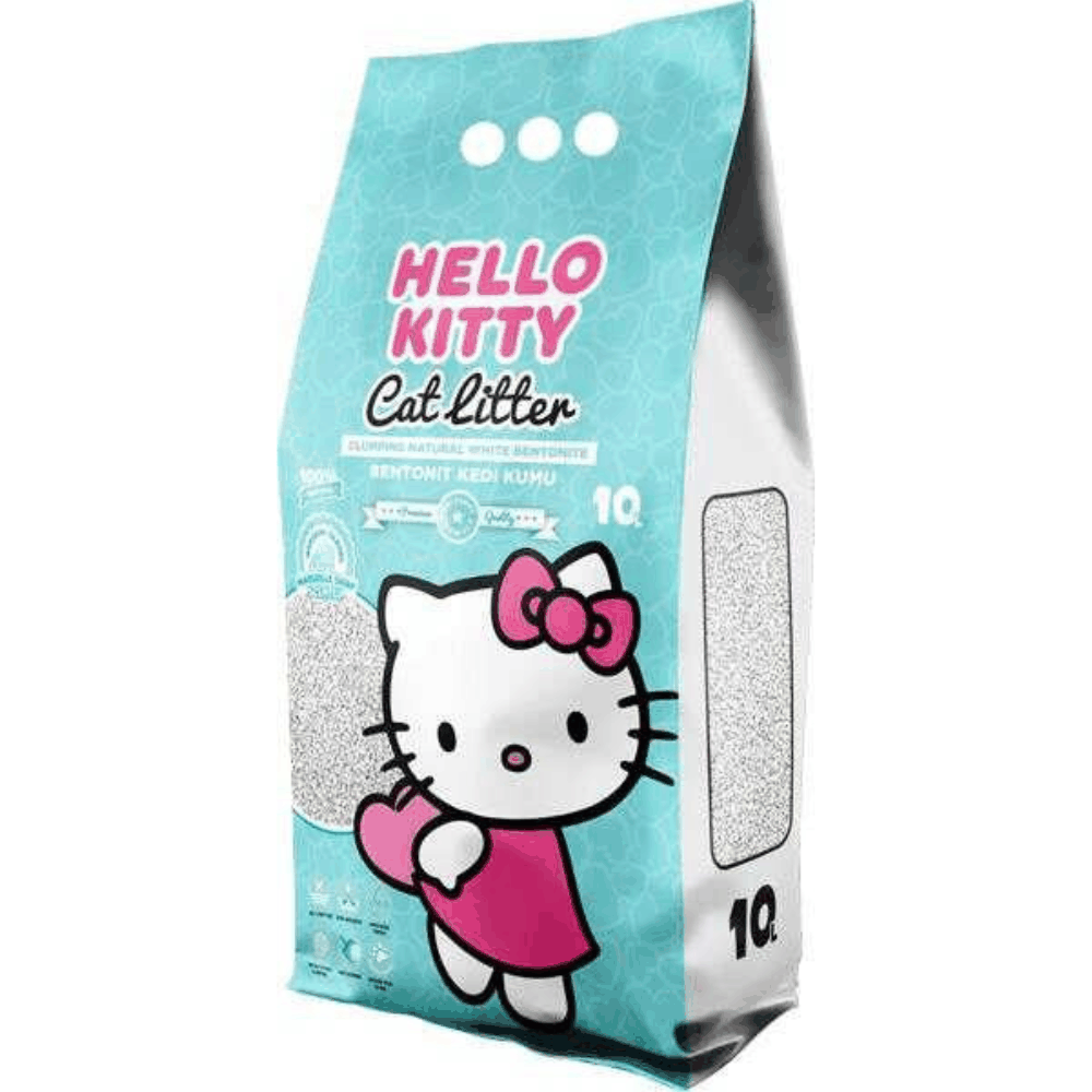 Bag of Hello Kitty cat litter with a cartoon character on a white background
