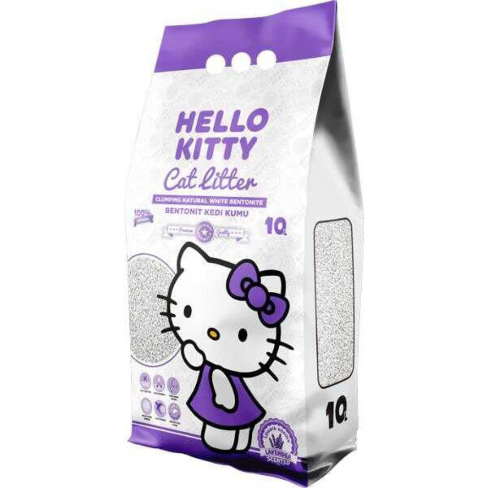 Bag of Hello Kitty cat litter with a white and purple design.