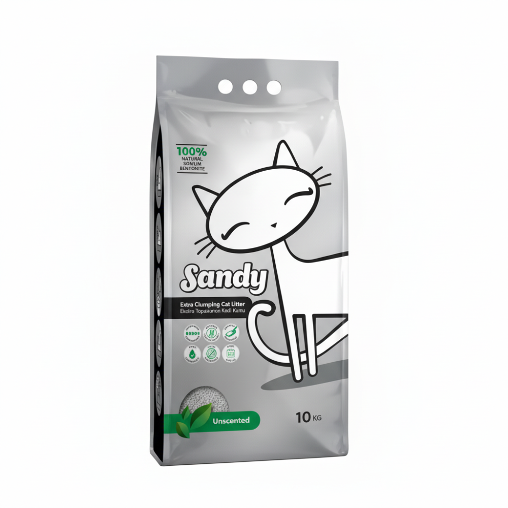 Package of Sandy cat litter with a cartoon cat design on a white background