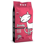 Pink bag of Sandy cat litter with a cartoon cat design on a white background