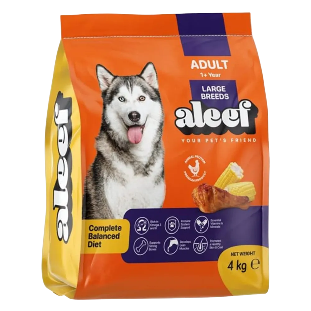 Package of aleef dog food for large breeds on a white background