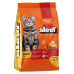 Aloof cat food package with a cat on an orange and yellow background