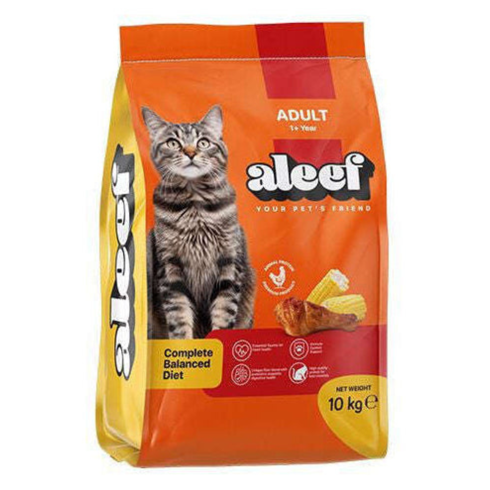 Bag of Aleef cat food with a cat on the packaging