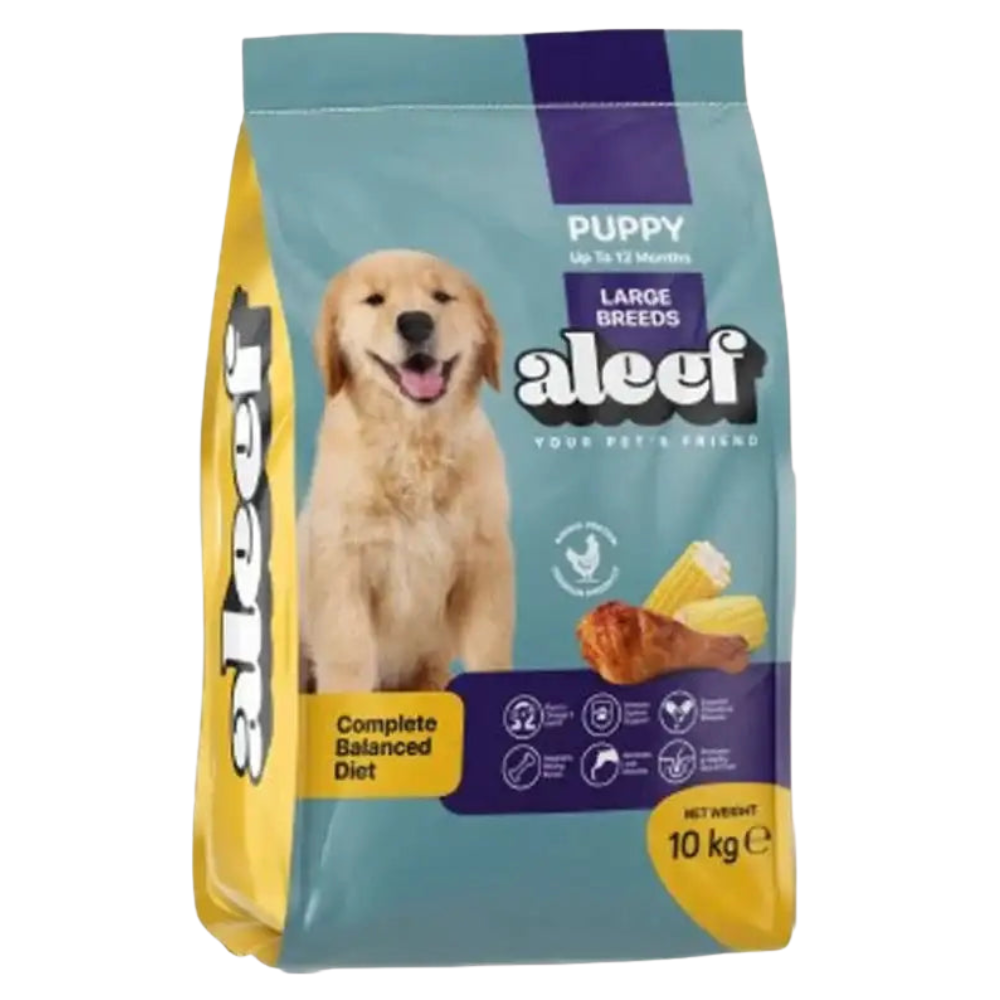 Bag of aleef puppy dog food for large breeds on a white background