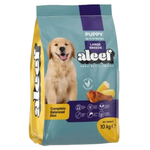 Bag of aleef puppy dog food for large breeds on a white background