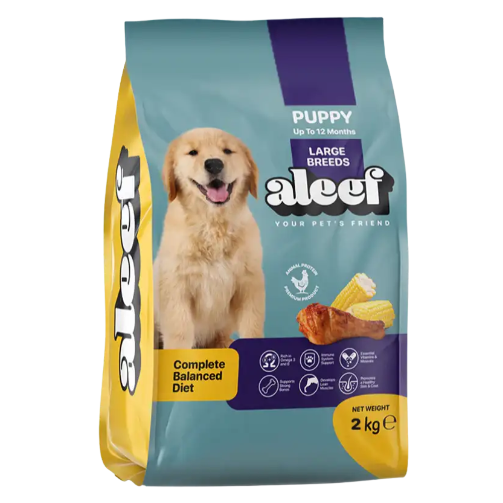 A package of Alevi puppy food for large breeds on a white background