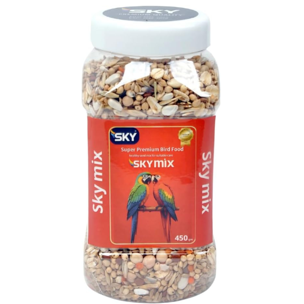 Jar of Sky Mix bird food with a colorful parrot illustration on a white background