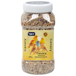 Jar of canary seed mix with a yellow label featuring images of canaries on a white background.