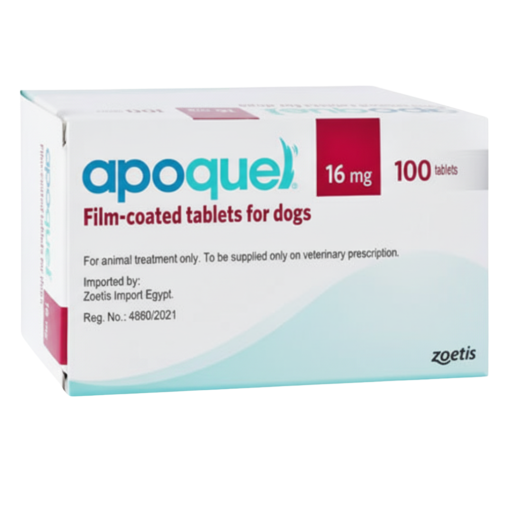 Box of Apoquel film-coated tablets for dogs with 16 mg and 100 tablets on a white background.
