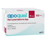 Box of Apoquel film-coated tablets for dogs with 16 mg and 100 tablets on a white background.