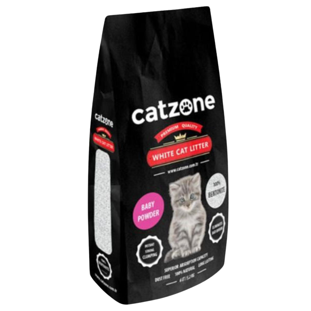 Bag of cat litter with 'catzone' branding on a white background