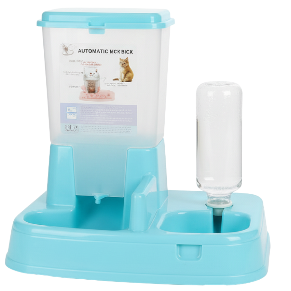 Pet water and food dispenser with a blue base and white top on a white background