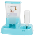 Pet water and food dispenser with a blue base and white top on a white background