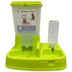 Green and white automatic pet feeder on a white background
