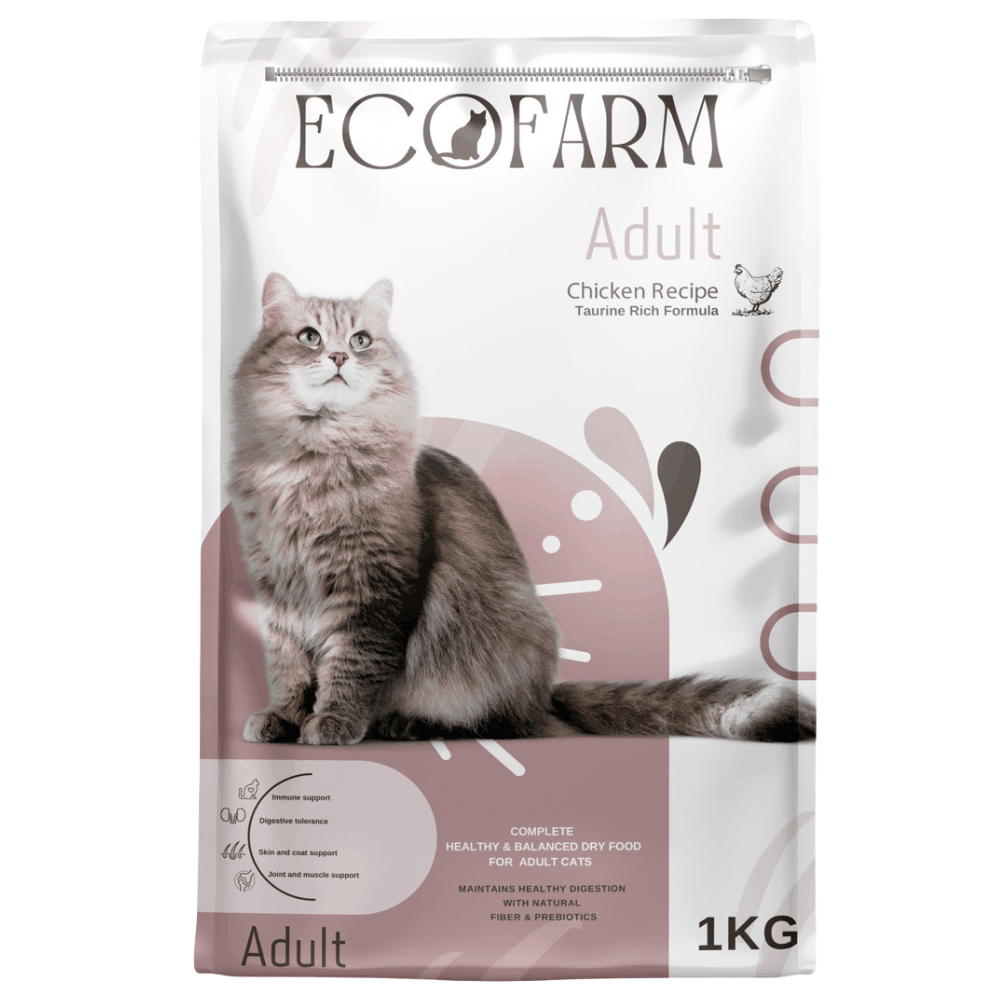 EcoFarm Adult cat food package with a cat on the label