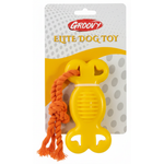 Yellow dog toy with orange rope on a Groovy branded packaging