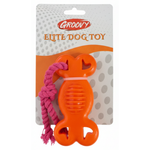 Orange dog toy with pink rope on a Groovy branded packaging